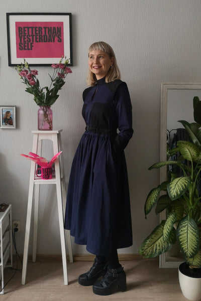 Navy Blue Versatile Cotton Shirt Dress with Wide Skirt Part and Pockets