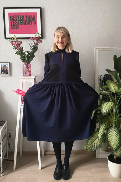 Navy Blue Versatile Cotton Shirt Dress with Wide Skirt Part and Pockets