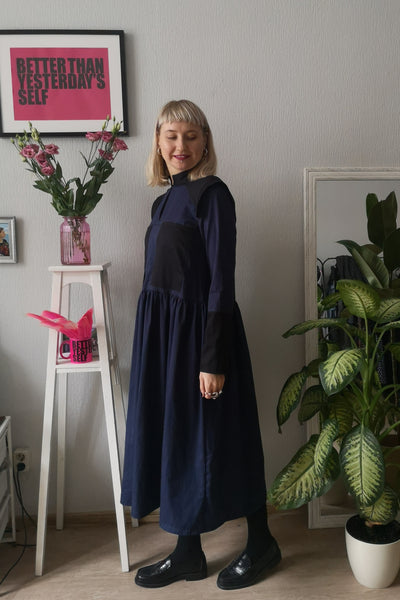 Navy Blue Versatile Cotton Shirt Dress with Wide Skirt Part and Pockets