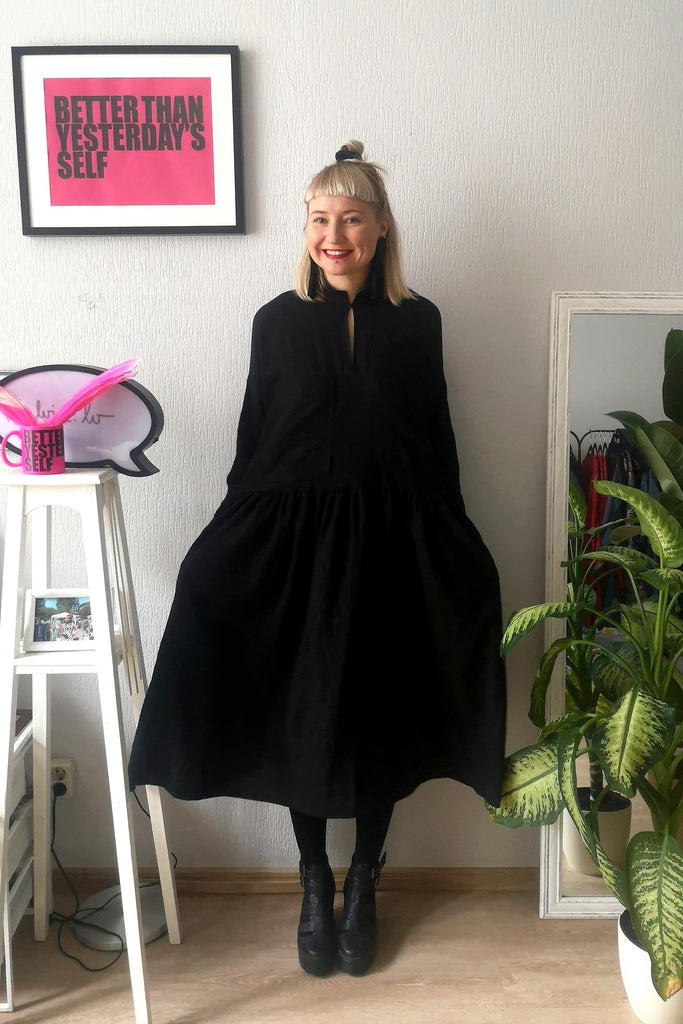 Fancy and Comfy Oversized Black Linen Shirt Dress with Wide Ruffle Skirt Part