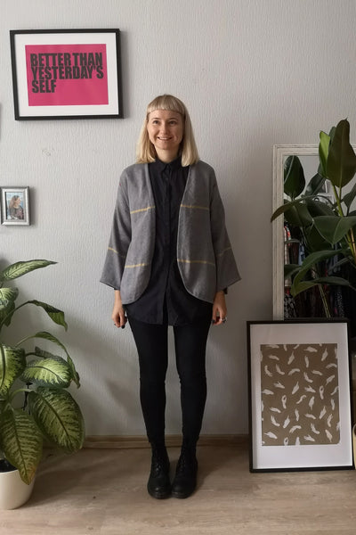 Grey Oversized Textured Linen and Wool Blend Kimono Jacket - Perfect Minimalist Piece (without belt)