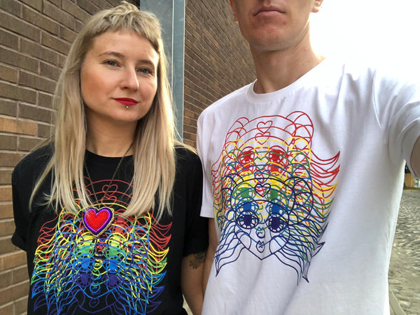 Rainbow Lāčplēsene /Heroine  White Organic Unisex Tshirt with Colorful Rainbow Print