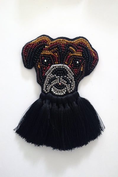 Boxer Dog Oversized Brooch with Black Tassels