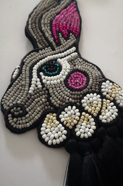 Alice in Wonderland Inspired Oversized Pin Mad March Hare Portrait with Black Tassels.