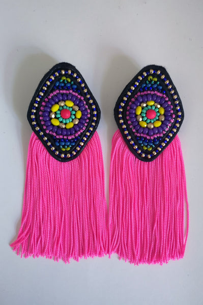 Colorful and super bright South America inspired Rhombus Earrings with Neon Pink Fringe