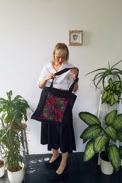 Oversized and Colorful Statement "Pillow" Bag with Upcycled Eastern European Rose Pattern Scarf Pocket