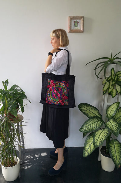Oversized and Colorful Statement "Pillow" Bag with Upcycled Eastern European Rose Pattern Scarf Pocket