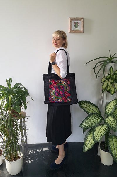 Oversized and Colorful Statement "Pillow" Bag with Upcycled Eastern European Rose Pattern Scarf Pocket