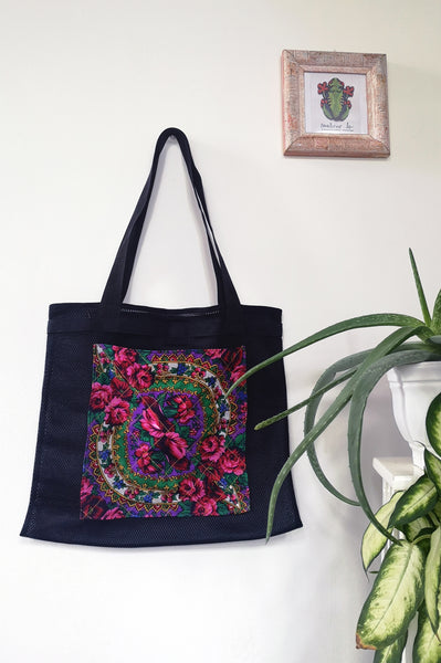 Oversized and Colorful Statement "Pillow" Bag with Upcycled Eastern European Rose Pattern Scarf Pocket