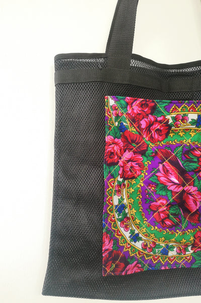 Oversized and Colorful Statement "Pillow" Bag with Upcycled Eastern European Rose Pattern Scarf Pocket