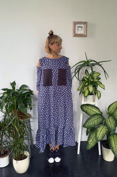 Pigeon Blue Polka Dot Midi Long Linen Dress with Cold Shoulder Detail, 3/4 Sleeves and Ruffle