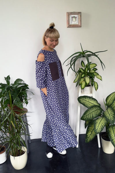 Pigeon Blue Polka Dot Midi Long Linen Dress with Cold Shoulder Detail, 3/4 Sleeves and Ruffle