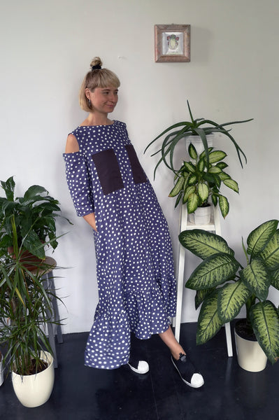 Pigeon Blue Polka Dot Midi Long Linen Dress with Cold Shoulder Detail, 3/4 Sleeves and Ruffle