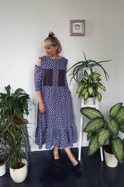 Pigeon Blue Polka Dot Midi Long Linen Dress with Cold Shoulder Detail, 3/4 Sleeves and Ruffle