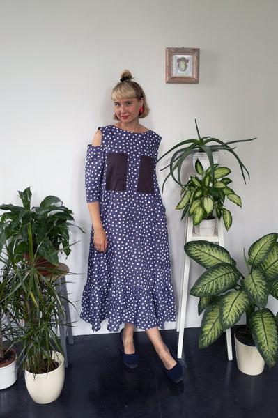 Pigeon Blue Polka Dot Midi Long Linen Dress with Cold Shoulder Detail, 3/4 Sleeves and Ruffle