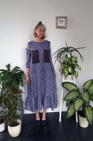 Pigeon Blue Polka Dot Midi Long Linen Dress with Cold Shoulder Detail, 3/4 Sleeves and Ruffle
