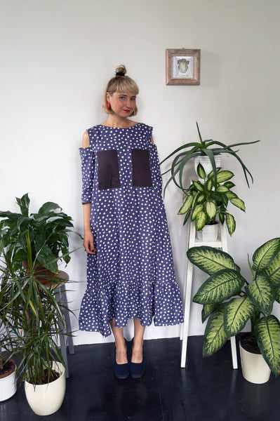 Pigeon Blue Polka Dot Midi Long Linen Dress with Cold Shoulder Detail, 3/4 Sleeves and Ruffle