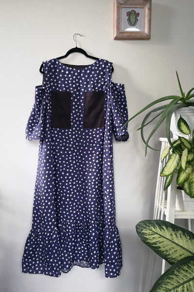 Pigeon Blue Polka Dot Midi Long Linen Dress with Cold Shoulder Detail, 3/4 Sleeves and Ruffle