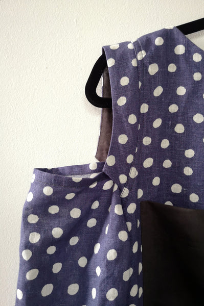 Pigeon Blue Polka Dot Midi Long Linen Dress with Cold Shoulder Detail, 3/4 Sleeves and Ruffle