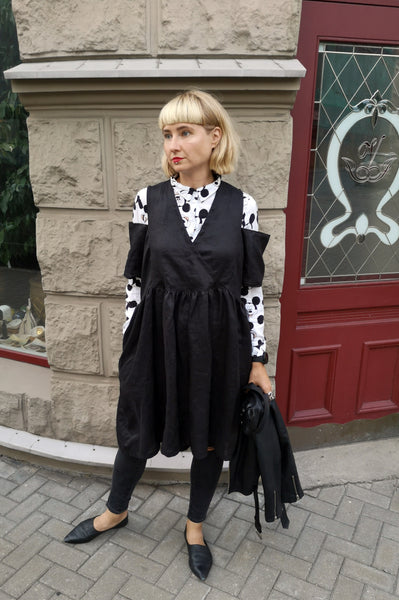Oversized Black Linen-blend Dress for every occasion of your life. Black Mini Dress for Every Season.