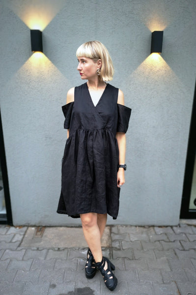 Oversized Black Linen-blend Dress for every occasion of your life. Black Mini Dress for Every Season.
