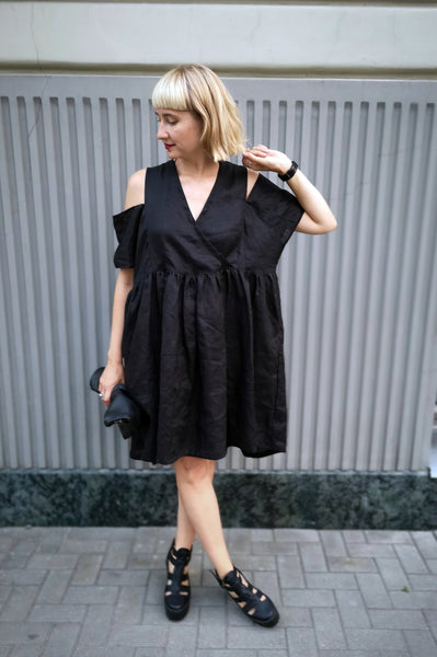 Oversized Black Linen-blend Dress for every occasion of your life. Black Mini Dress for Every Season.