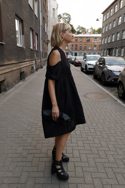 Oversized Black Linen-blend Dress for every occasion of your life. Black Mini Dress for Every Season.
