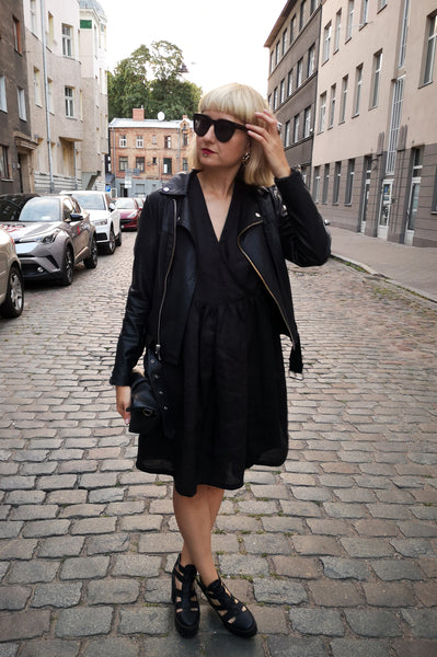 Oversized Black Linen-blend Dress for every occasion of your life. Black Mini Dress for Every Season.