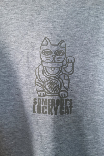 Light Grey Long and Warm Unisex Statement Sweater with Lucky Cat - Maneki-Neko Print "Somebody's Lucky Cat"