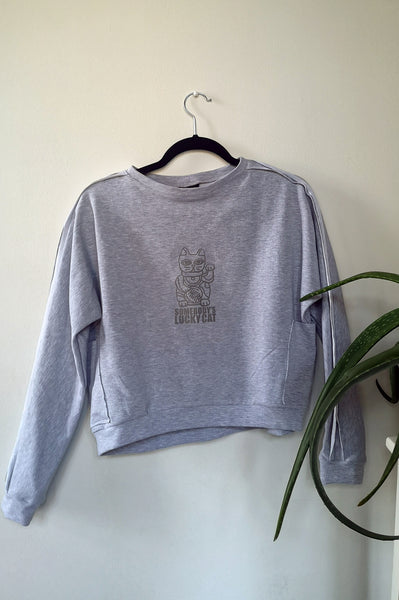 Long Sleeve Warm Light Grey Women's Sweater with Maneki-Neko Print "Somebody's Lucky Cat"