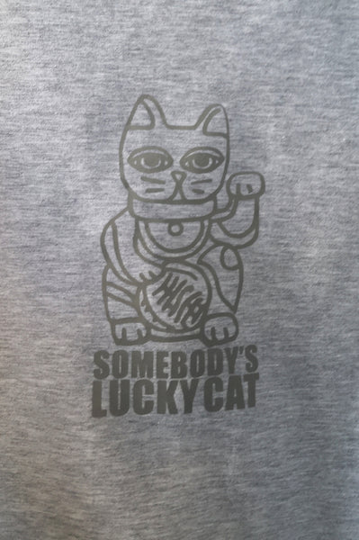 Long Sleeve Warm Light Grey Women's Sweater with Maneki-Neko Print "Somebody's Lucky Cat"