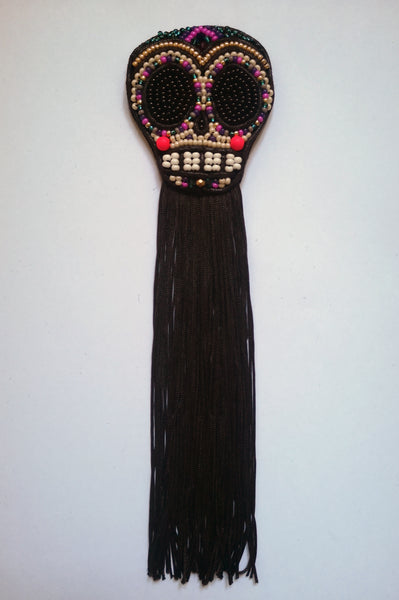 Day of Dead inspired Black Fringe Small Sugarskull with pink and gold details