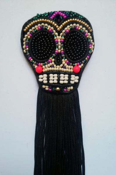 Day of Dead inspired Black Fringe Small Sugarskull with pink and gold details