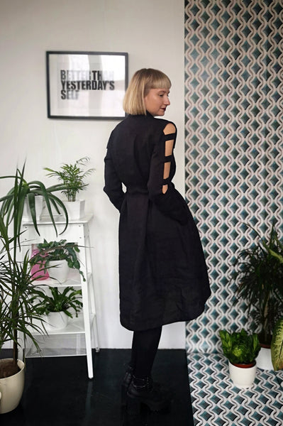 Black Linen Space Warrior Princess Dress with Naked Arm Sleeve Detail - for All Seasons