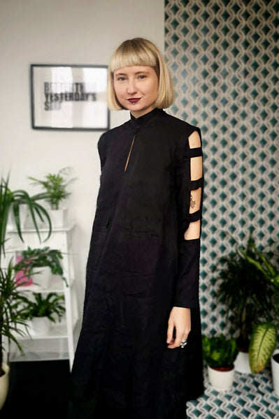Black Linen Space Warrior Princess Dress with Naked Arm Sleeve Detail - for All Seasons