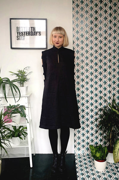 Black Linen Space Warrior Princess Dress with Naked Arm Sleeve Detail - for All Seasons
