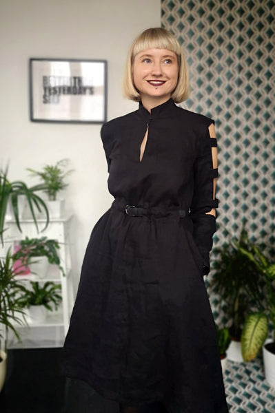 Black Linen Space Warrior Princess Dress with Naked Arm Sleeve Detail - for All Seasons