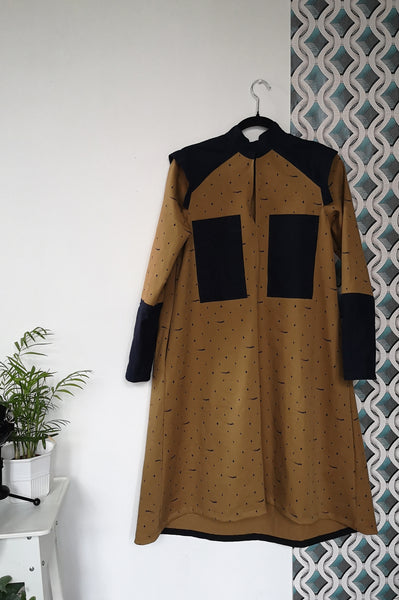 Space warrior Princess Mustard Yellow Heavy Cotton Shirt Dress with Navy Blue Linen details