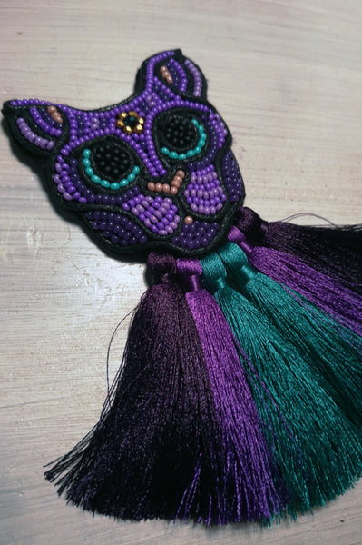 Magical and Fun Ovrsized Statement cat Brooch with Colorful Tassels in Violet and Teal