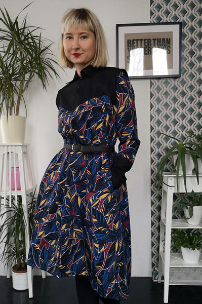 Dark Blue Patterned Space Warrior Princess Cotton Dress with Black Satin Details