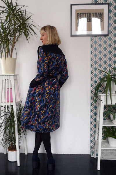 Dark Blue Patterned Space Warrior Princess Cotton Dress with Black Satin Details
