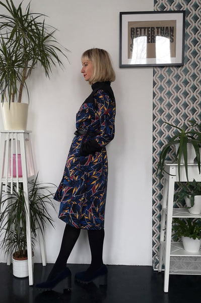 Dark Blue Patterned Space Warrior Princess Cotton Dress with Black Satin Details