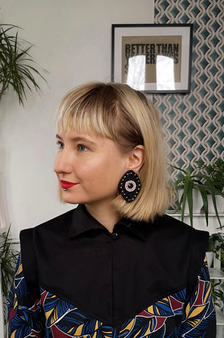 Festive Black, Light Pink and Golden Colored Beaded Rhombus earrings