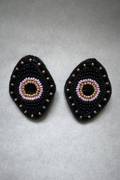 Festive Black, Light Pink and Golden Colored Beaded Rhombus earrings