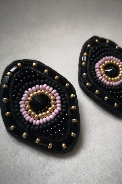 Festive Black, Light Pink and Golden Colored Beaded Rhombus earrings