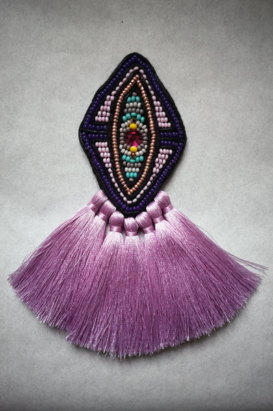 Fun but Elegant Oversized Rhombus Brooch with Pink Swarovski Cystal and Lavender Magenta Pink Tassels