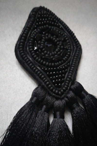 Small and Elegant Black Rhombus Brooch with Black Tassels