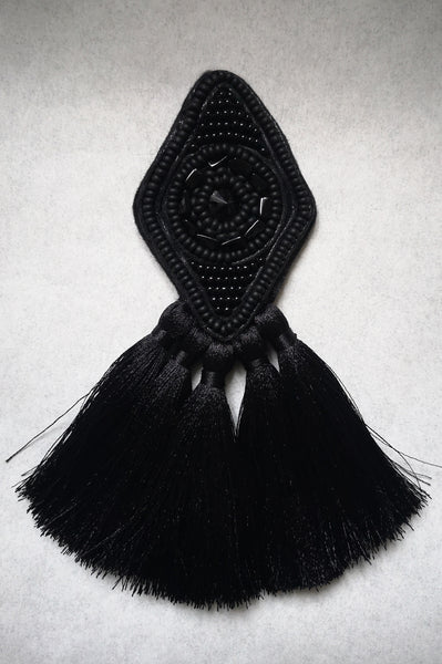 Small and Elegant Black Rhombus Brooch with Black Tassels