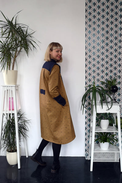 Space warrior Princess Mustard Yellow Heavy Cotton Shirt Dress with Navy Blue Linen details