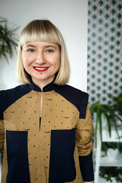 Space warrior Princess Mustard Yellow Heavy Cotton Shirt Dress with Navy Blue Linen details